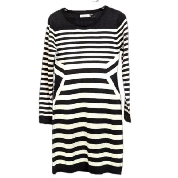 Calvin Klein Long Sleeve Black and White Striped Sweater Dress - Picture 2 of 6